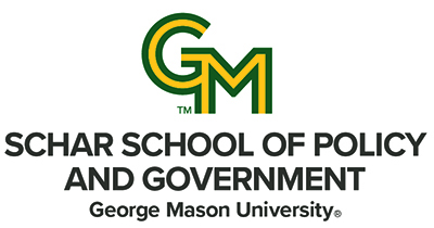 A logo with a green and gold interlocking G and M on the top followed by the text Schar School of Policy and Government, George Mason University